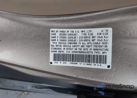 2006 Honda Cr-V Se from USA, damaged, VIN SHSRD78966U430772